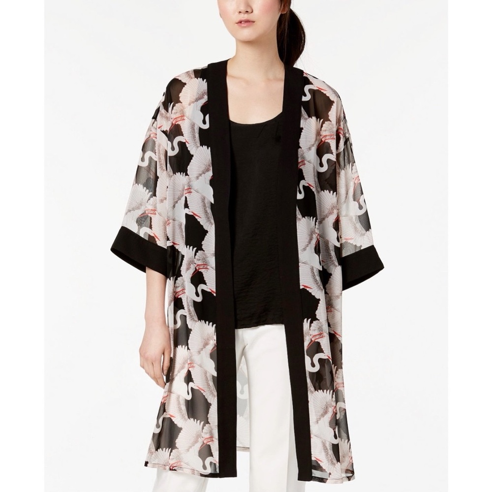 Alfani Heron Leaf Printed Sheer Kimono Duster S/M NWT